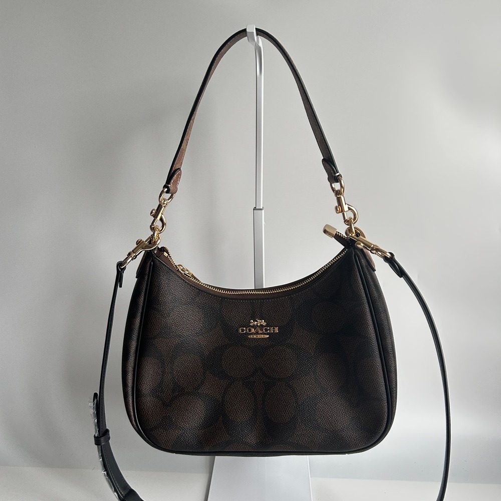 Coach Teri Hobo Walnut Black Signature Canvas Shoulder Bag CV940